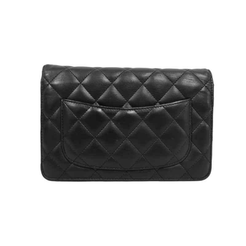 CHANEL Matelasse Chain Shoulder Wallet, Black Lambskin, Silver-Tone Hardware, WOC Crossbody Bag