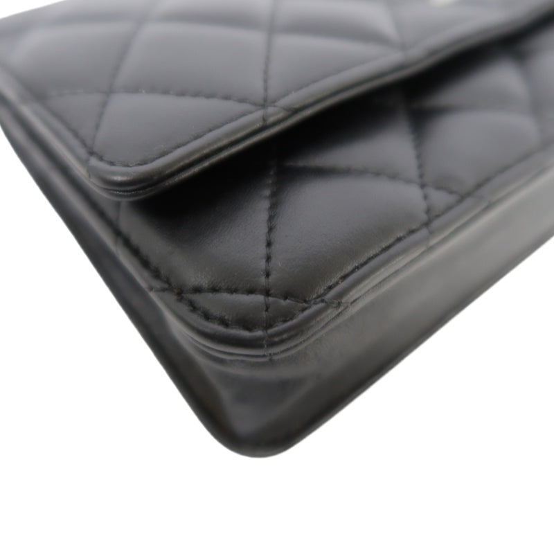 CHANEL Matelasse Chain Shoulder Wallet, Black Lambskin, Silver-Tone Hardware, WOC Crossbody Bag