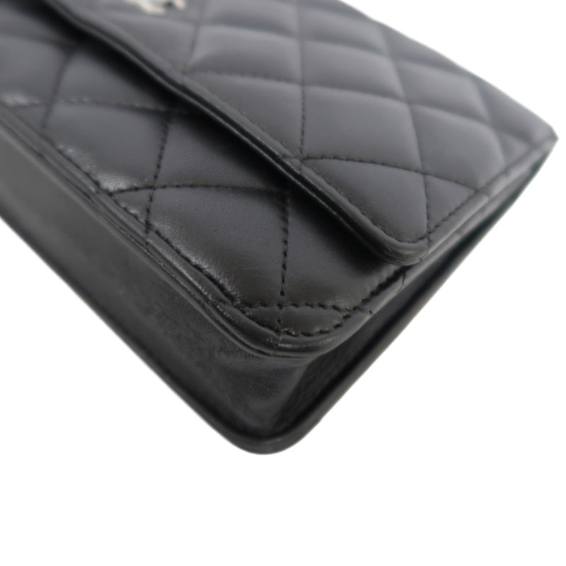 CHANEL Matelasse Chain Shoulder Wallet, Black Lambskin, Silver-Tone Hardware, WOC Crossbody Bag