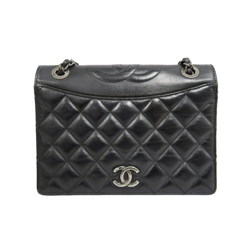 CHANEL Matelasse Flap Shoulder Bag Lambskin Black Silver Hardware