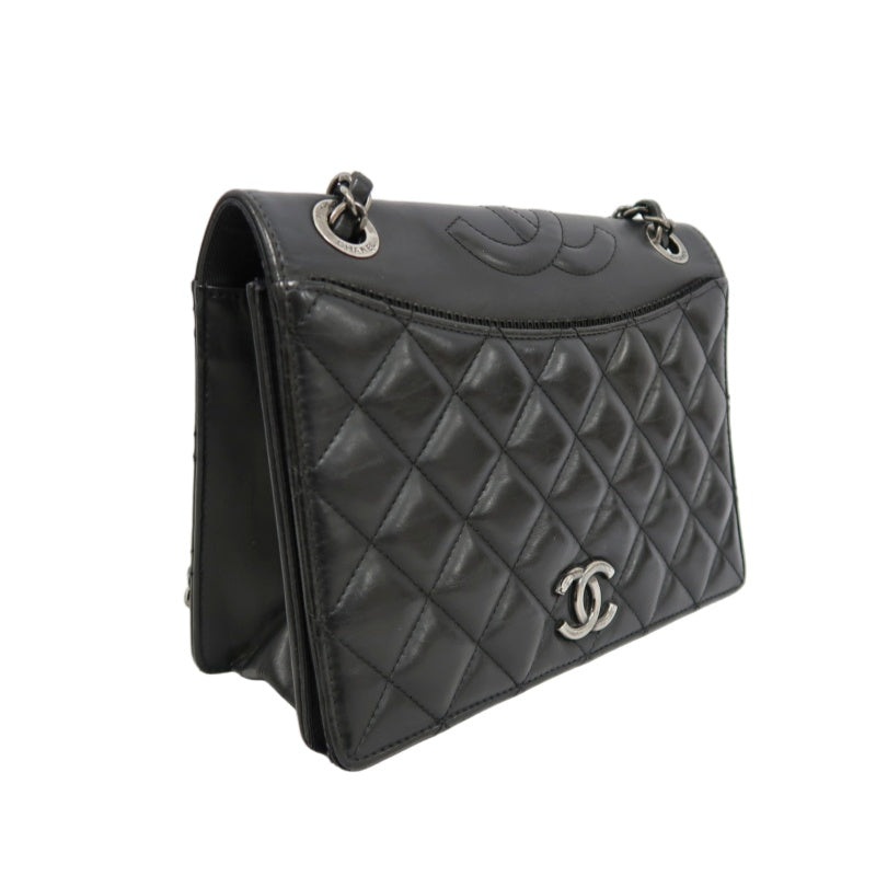 CHANEL Matelasse Flap Shoulder Bag Lambskin Black Silver Hardware