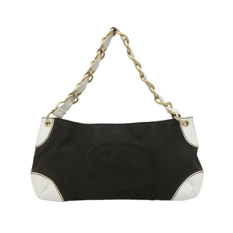 CHANEL Shoulder Bag, Canvas, Black, White, Silver Hardware, Black Canvas Logo Underarm Bag
