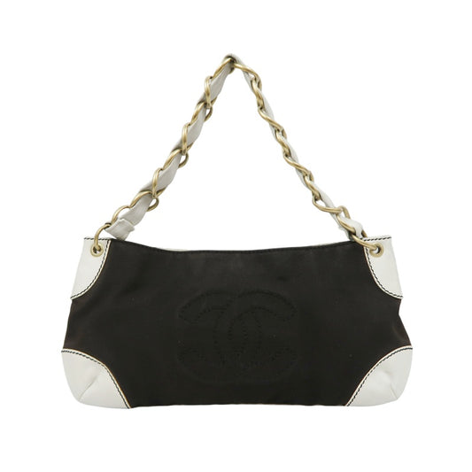 CHANEL Shoulder Bag, Canvas, Black, White, Silver Hardware, Black Canvas Logo Underarm Bag