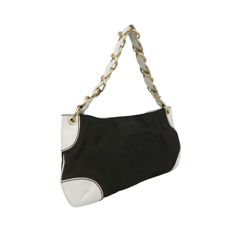 CHANEL Shoulder Bag, Canvas, Black, White, Silver Hardware, Black Canvas Logo Underarm Bag