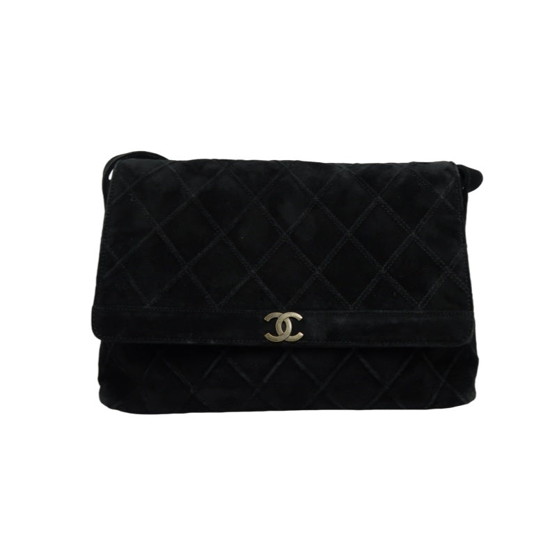 CHANEL Wild Stitch Flap Shoulder Bag Suede Black Silver Hardware