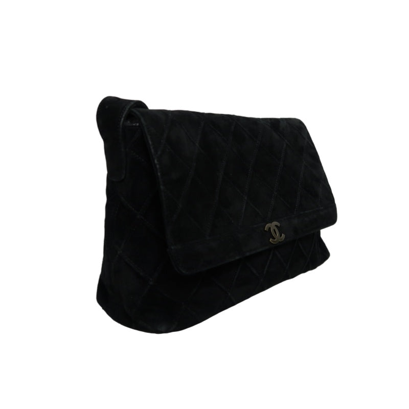 CHANEL Wild Stitch Flap Shoulder Bag Suede Black Silver Hardware
