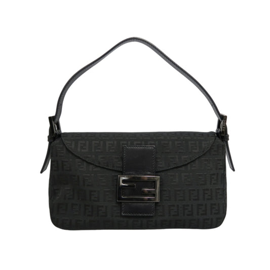 FENDI Zuccino Baguette One Shoulder Bag Canvas Black Silver Hardware
