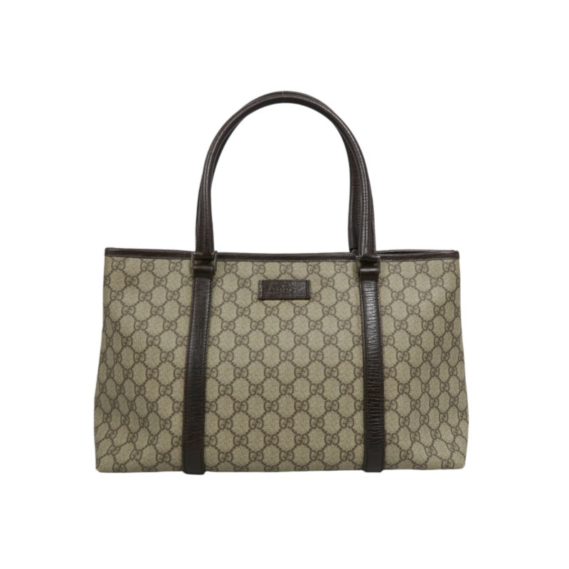 GUCCI GG Supreme Tote Bag PVC Leather Beige Brown Silver Logo Plate Hardware