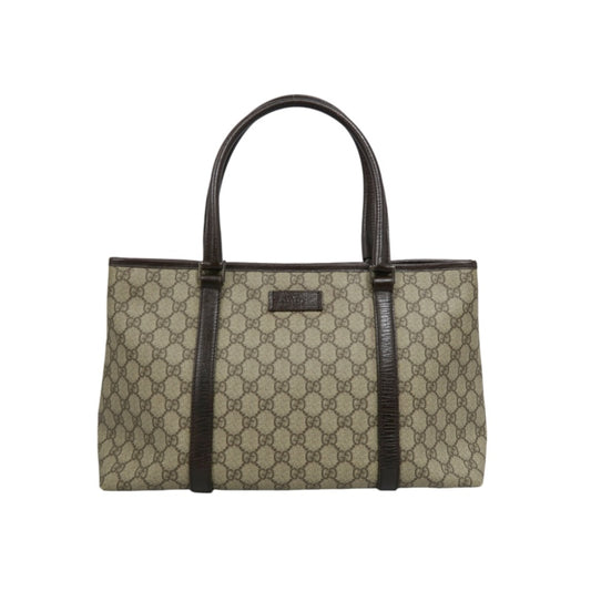 GUCCI GG Supreme Tote Bag PVC Leather Beige Brown Silver Logo Plate Hardware