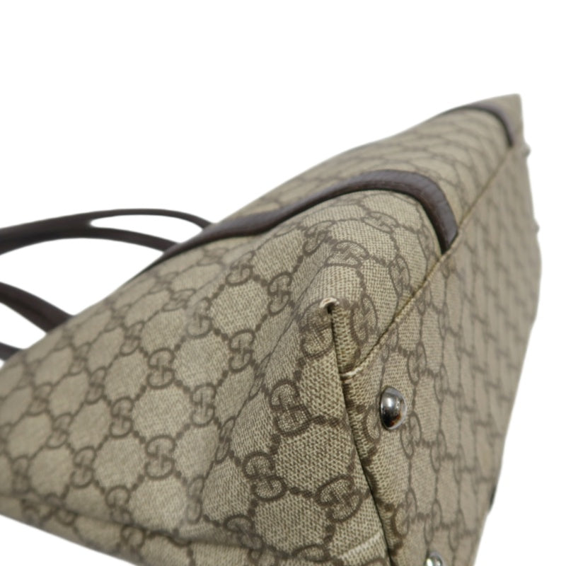 GUCCI GG Supreme Tote Bag PVC Leather Beige Brown Silver Logo Plate Hardware