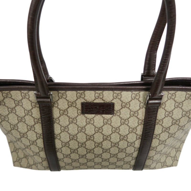 GUCCI GG Supreme Tote Bag PVC Leather Beige Brown Silver Logo Plate Hardware