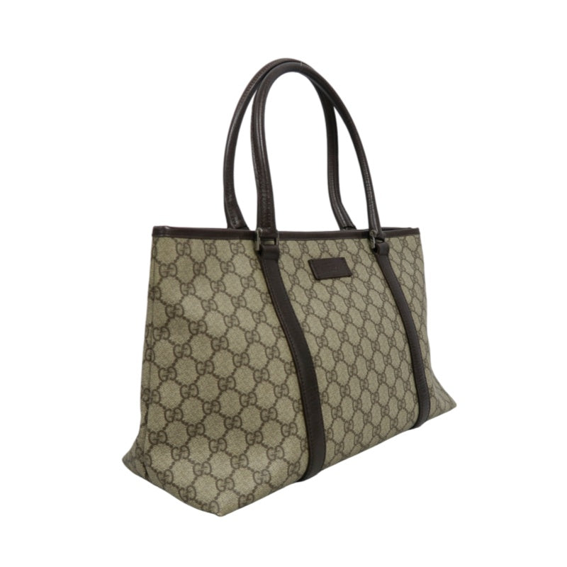 GUCCI GG Supreme Tote Bag PVC Leather Beige Brown Silver Logo Plate Hardware