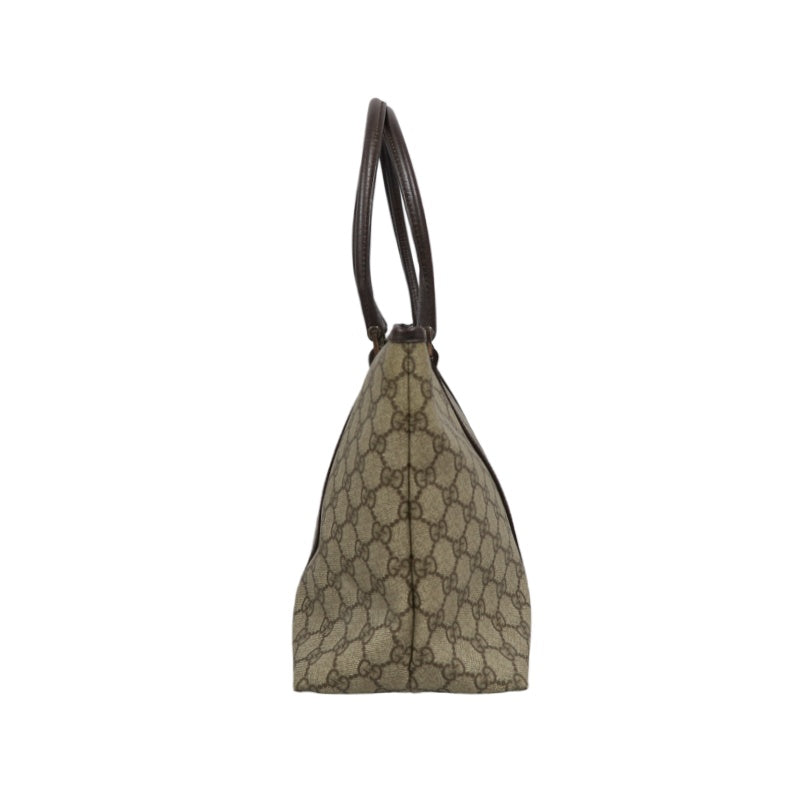 GUCCI GG Supreme Tote Bag PVC Leather Beige Brown Silver Logo Plate Hardware