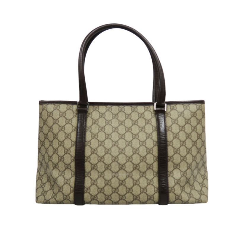 GUCCI GG Supreme Tote Bag PVC Leather Beige Brown Silver Logo Plate Hardware