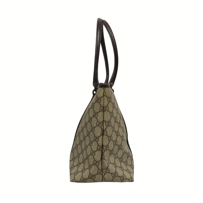 GUCCI GG Supreme Tote Bag PVC Leather Beige Brown Silver Logo Plate Hardware