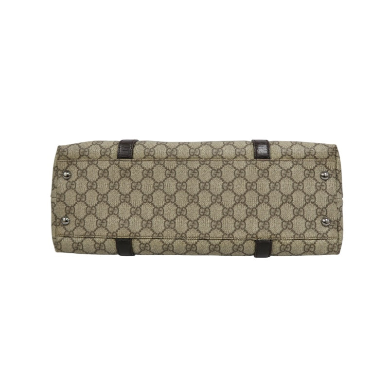 GUCCI GG Supreme Tote Bag PVC Leather Beige Brown Silver Logo Plate Hardware