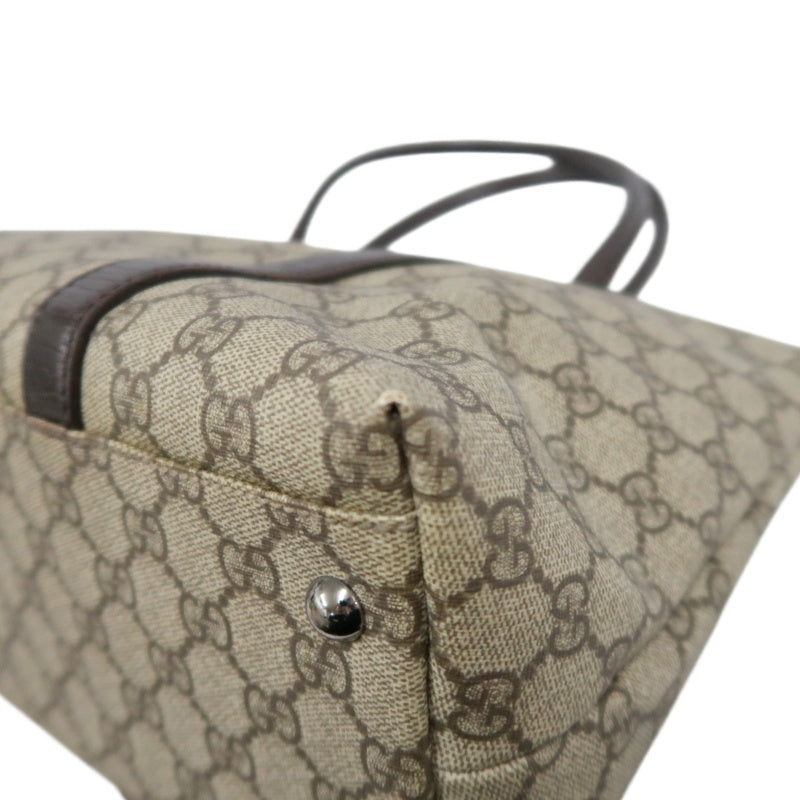 GUCCI GG Supreme Tote Bag PVC Leather Beige Brown Silver Logo Plate Hardware