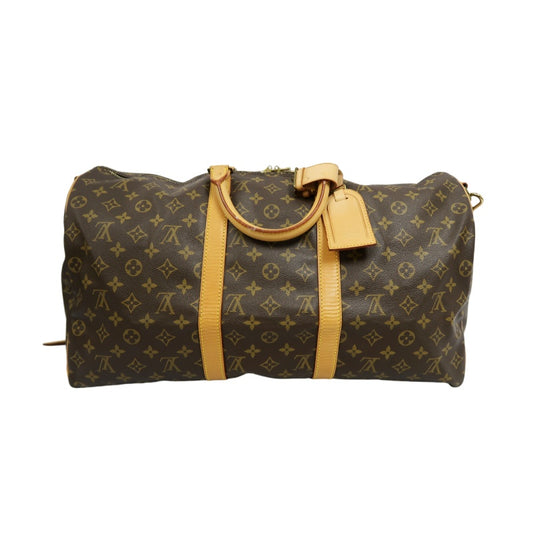 LOUIS VUITTON Monogram Keepall Bandoulière 50 Boston Travel Bag Pvc Brown With Shoulder Strap, Name Tag And Lock