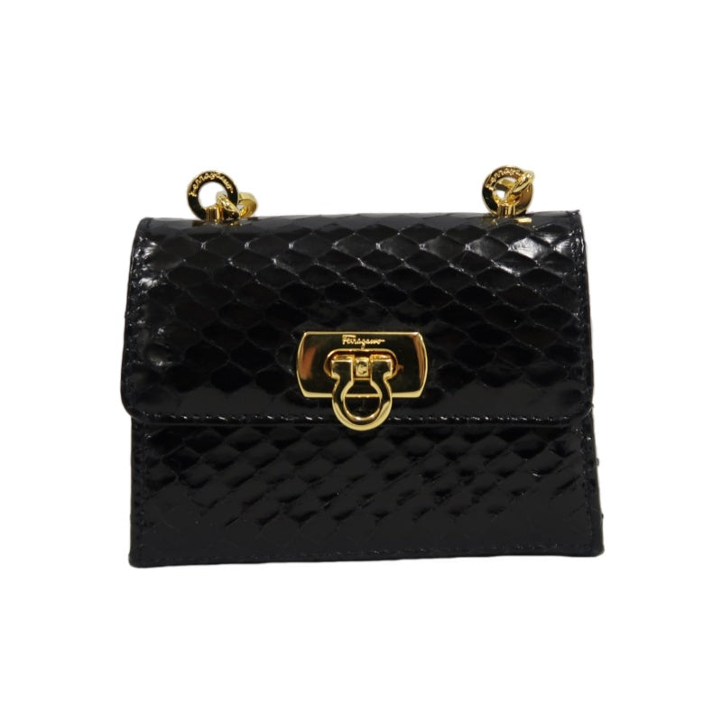 FERRAGAMO Gancini Chain Shoulder Bag, Black Python with Gold Hardware