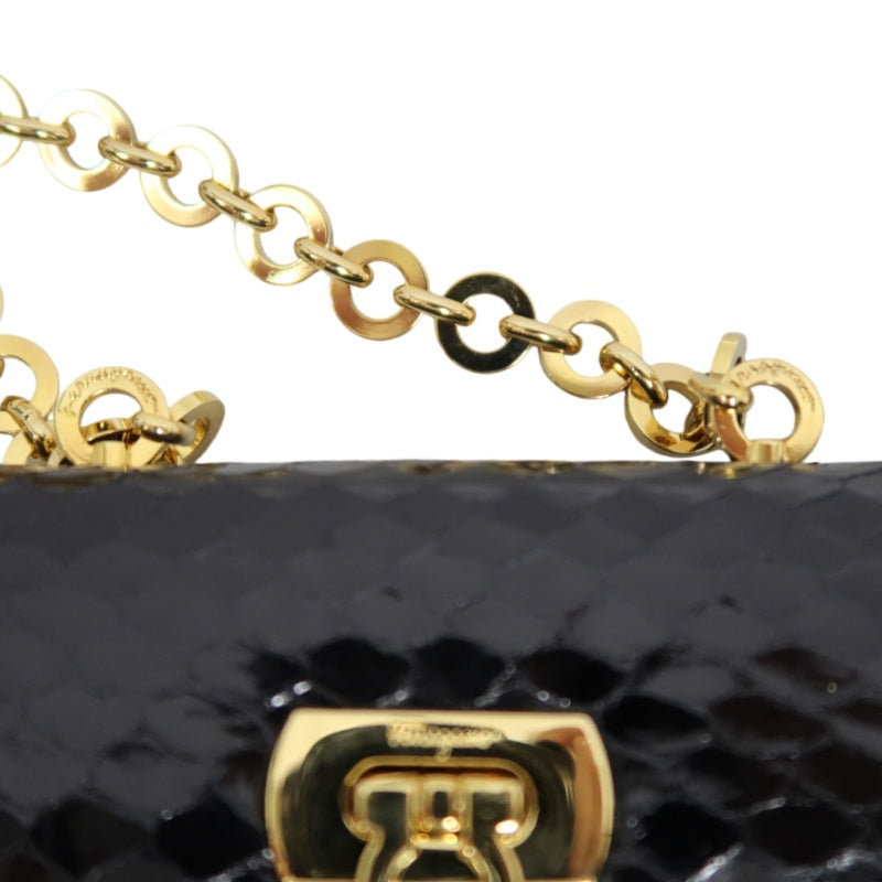 FERRAGAMO Gancini Chain Shoulder Bag, Black Python with Gold Hardware