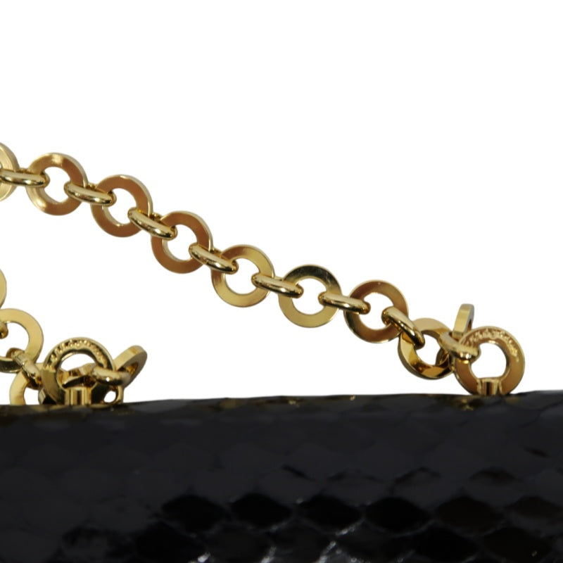 FERRAGAMO Gancini Chain Shoulder Bag, Black Python with Gold Hardware