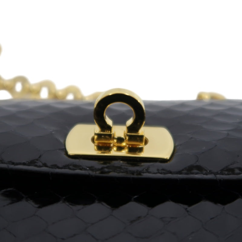 FERRAGAMO Gancini Chain Shoulder Bag, Black Python with Gold Hardware