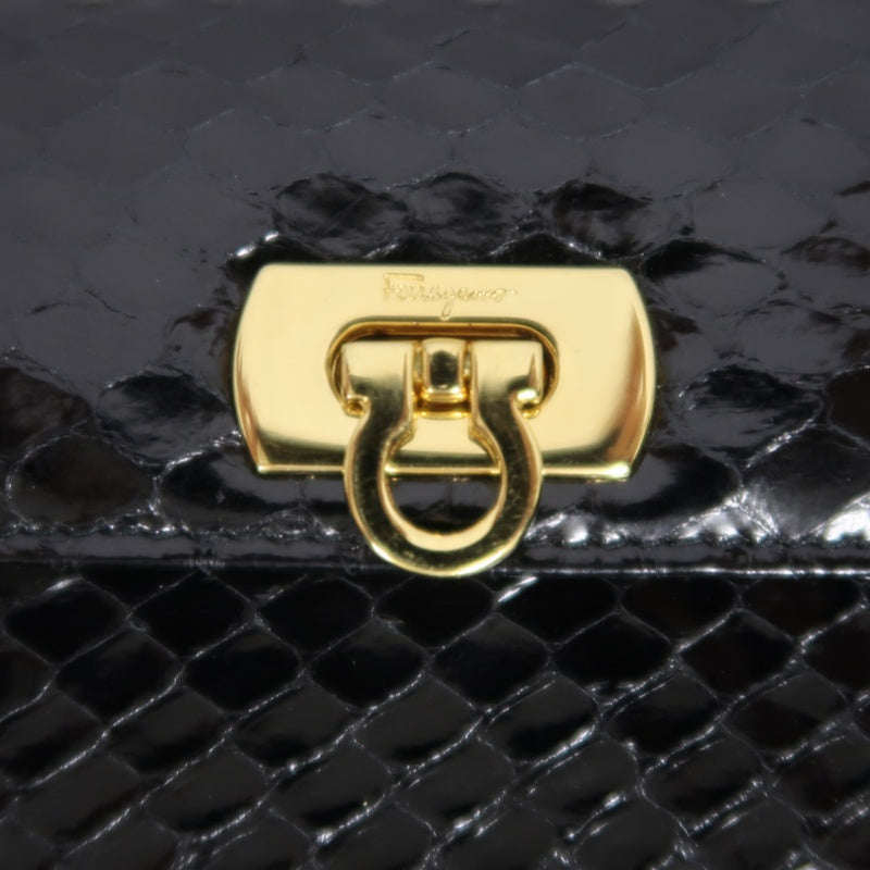 FERRAGAMO Gancini Chain Shoulder Bag, Black Python with Gold Hardware