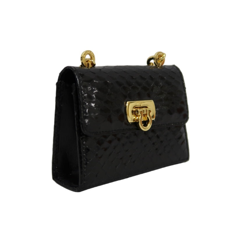 FERRAGAMO Gancini Chain Shoulder Bag, Black Python with Gold Hardware