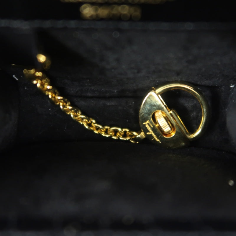FERRAGAMO Gancini Chain Shoulder Bag, Black Python with Gold Hardware