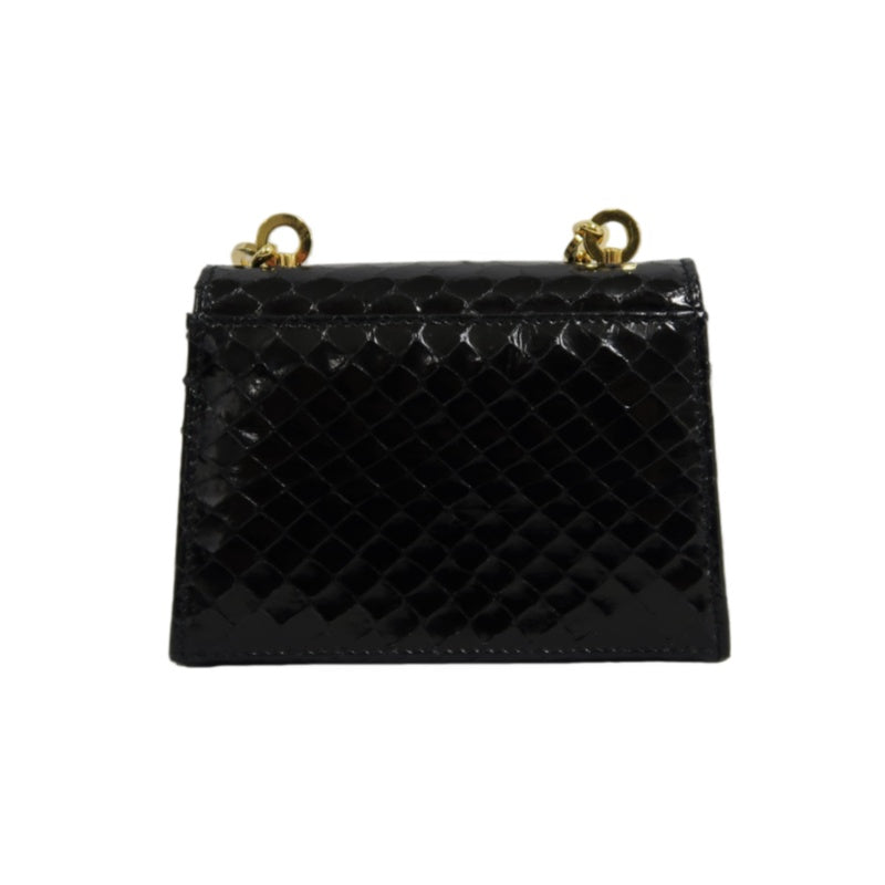 FERRAGAMO Gancini Chain Shoulder Bag, Black Python with Gold Hardware