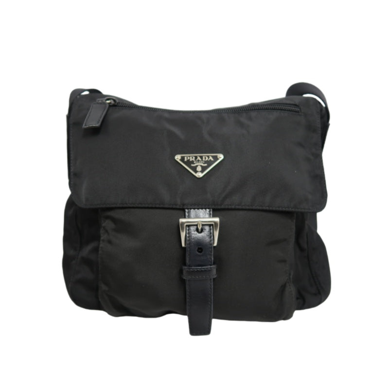 PRADA Nylon Shoulder Bag Black Silver Hardware