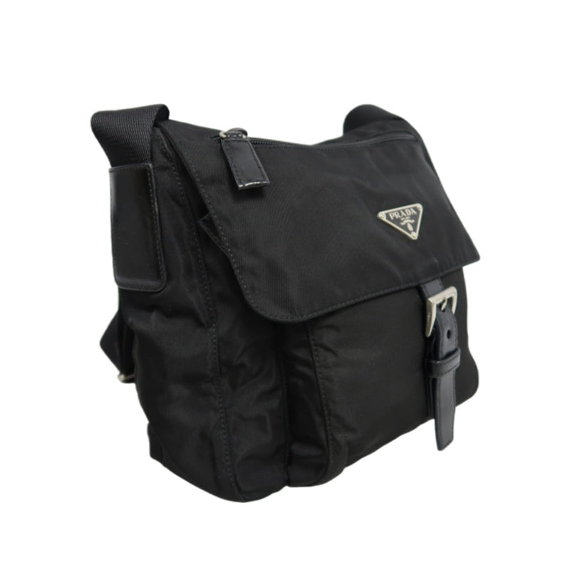 PRADA Nylon Shoulder Bag Black Silver Hardware