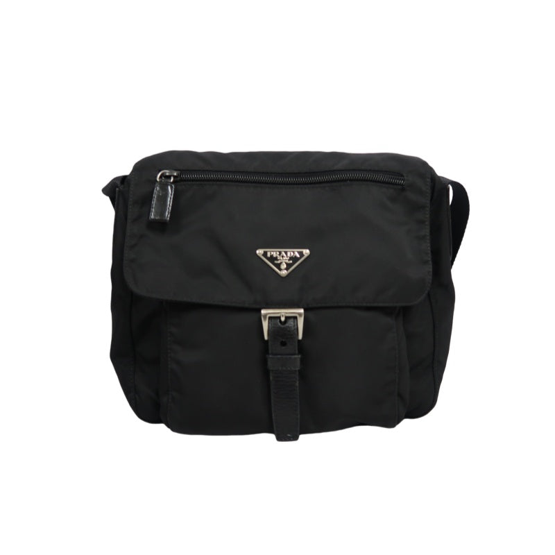 PRADA Nylon Shoulder Bag Black Silver Hardware