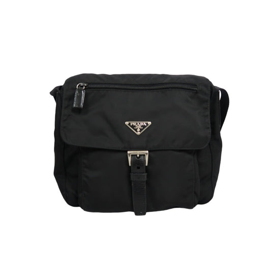 PRADA Nylon Shoulder Bag Black Silver Hardware