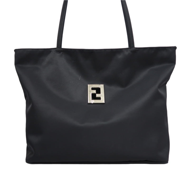 FENDI Nylon Tote Bag Black Silver FF Logo Metal Plate Hardware