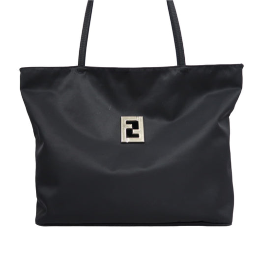 FENDI Nylon Tote Bag Black Silver FF Logo Metal Plate Hardware
