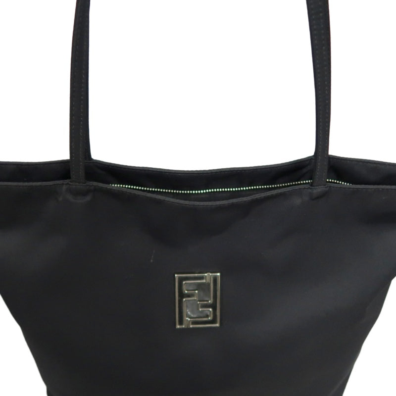 FENDI Nylon Tote Bag Black Silver FF Logo Metal Plate Hardware