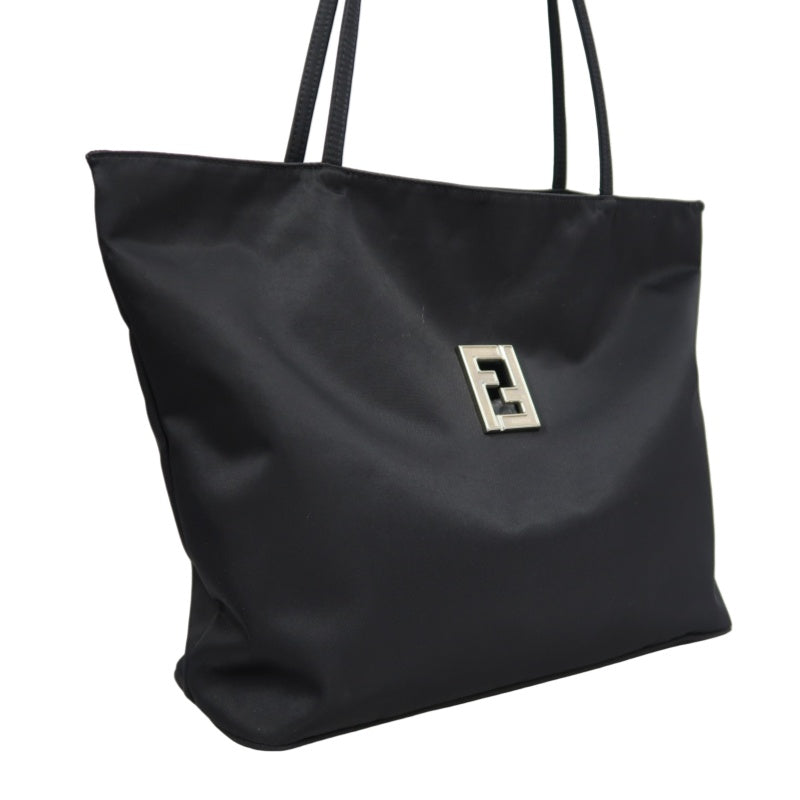 FENDI Nylon Tote Bag Black Silver FF Logo Metal Plate Hardware
