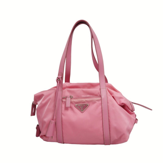 PRADA Triangle Logo Tote Bag, Nylon Pink with Silver Hardware, Includes Padlock, Clochette and Padlock Case