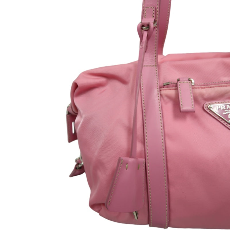 PRADA Triangle Logo Tote Bag, Nylon Pink with Silver Hardware, Includes Padlock, Clochette and Padlock Case
