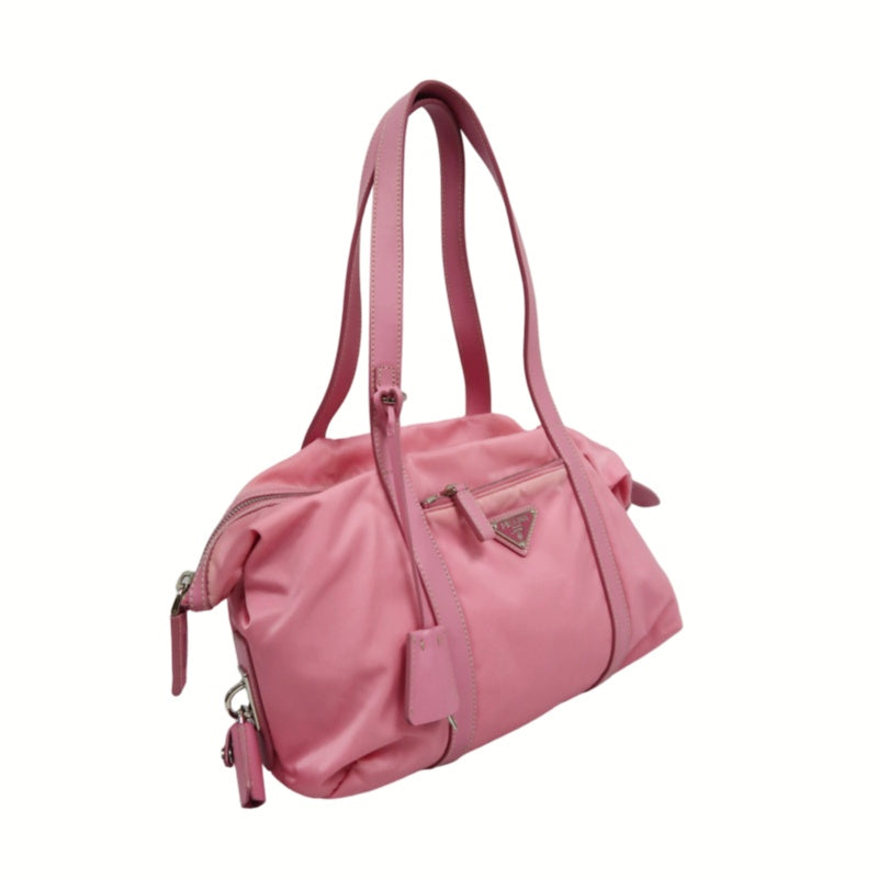 PRADA Triangle Logo Tote Bag, Nylon Pink with Silver Hardware, Includes Padlock, Clochette and Padlock Case