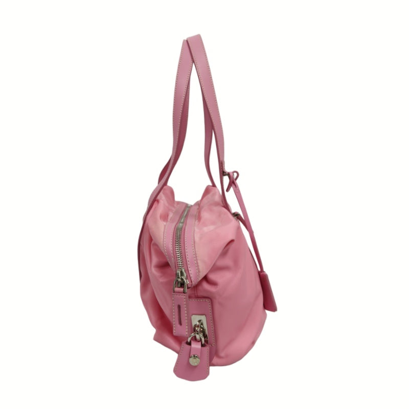 PRADA Triangle Logo Tote Bag, Nylon Pink with Silver Hardware, Includes Padlock, Clochette and Padlock Case