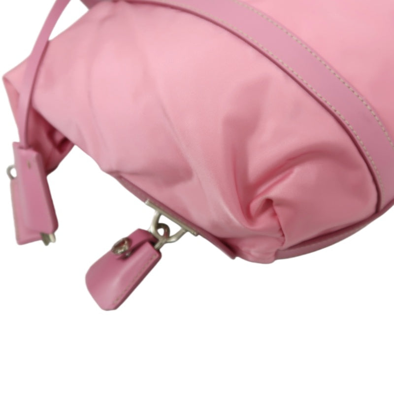 PRADA Triangle Logo Tote Bag, Nylon Pink with Silver Hardware, Includes Padlock, Clochette and Padlock Case