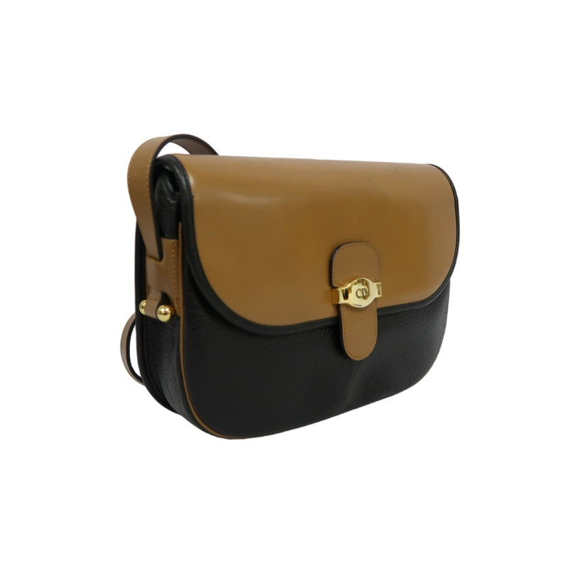 DIOR CD Logo Colorblock Shoulder Bag Leather Black/Brown Gold Hardware With Pouch