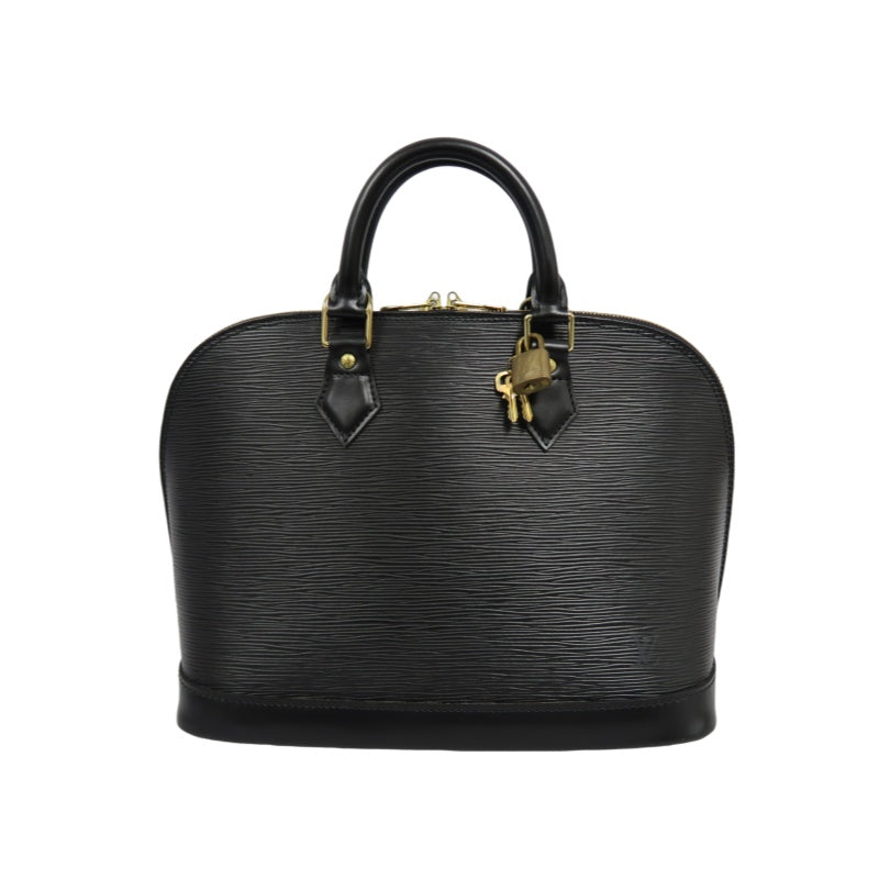 LOUIS VUITTON Alma Epi Leather Handbag, Black with Gold Hardware, Includes Padlock & Two Keys