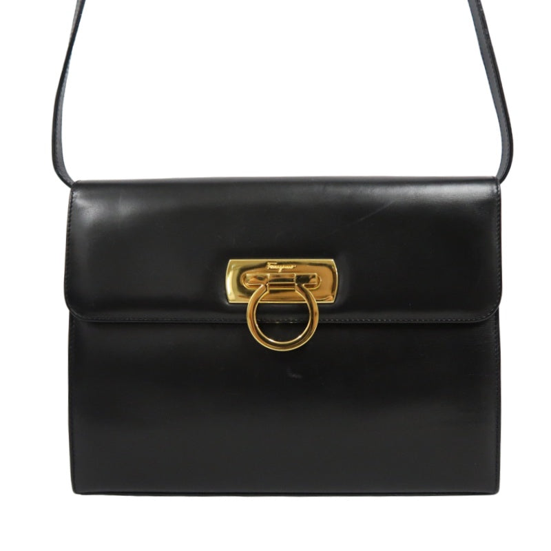 SALVATORE FERRAGAMO Gancini Shoulder Bag Calf Leather Black Gold Gancini Hardware