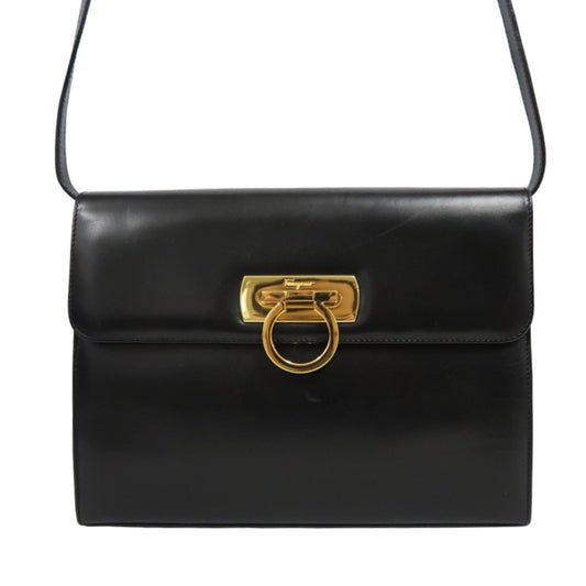 SALVATORE FERRAGAMO Gancini Shoulder Bag Calf Leather Black Gold Gancini Hardware