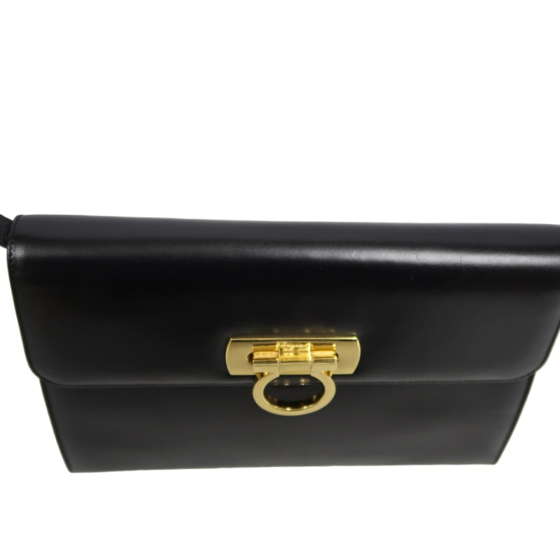 SALVATORE FERRAGAMO Gancini Shoulder Bag Calf Leather Black Gold Gancini Hardware