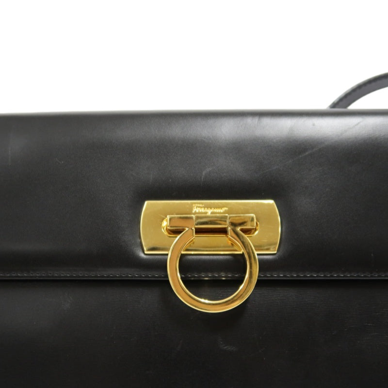SALVATORE FERRAGAMO Gancini Shoulder Bag Calf Leather Black Gold Gancini Hardware