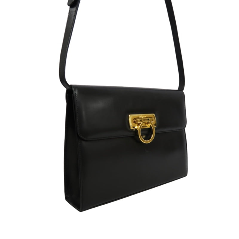 SALVATORE FERRAGAMO Gancini Shoulder Bag Calf Leather Black Gold Gancini Hardware